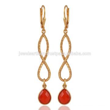 Verre en forme de poire Natural Onyx rouge et 925 boucles d&#39;oreille argentées en or plaqué or